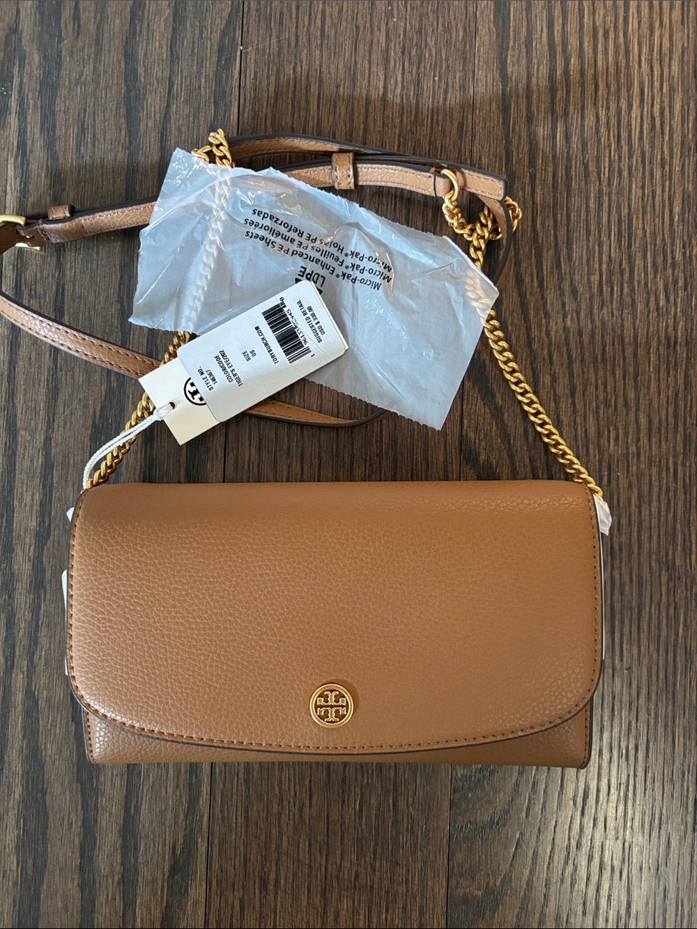 Tory Burch Robinson Pebbled Leather Chain Wallet Crossbody with Gold Chain